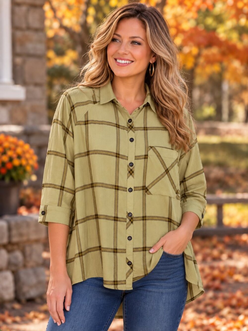 URBAN OUTFITTERS 3/4 Sleeve Collar Button-Up Tan w/Brown Plaid Flannel Shirt M